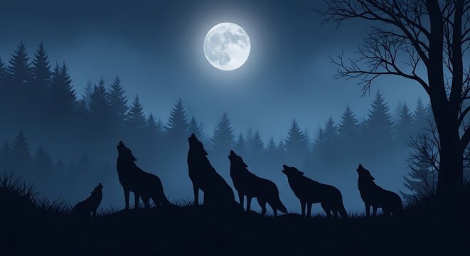 Silhouetted wolves howling at a full moon under a starry night sky in a dark forest