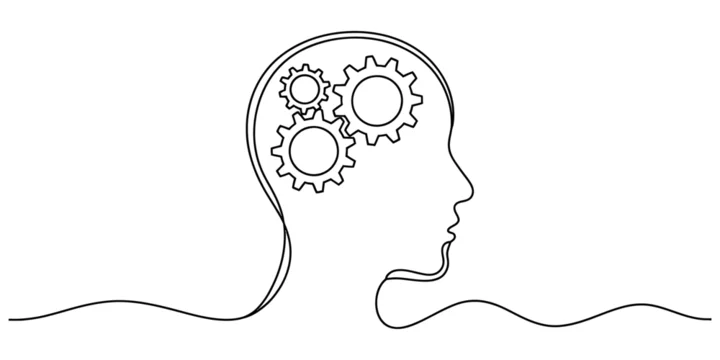 Continuous line drawing of a human profile with gears inside the head symbolizing thought. Vector, illustration