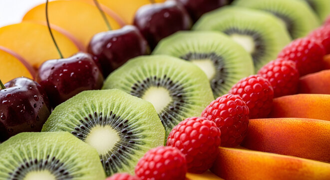 Fresh sliced kiwi, cherries, raspberries, and stone fruit arranged in a colorful close-up
