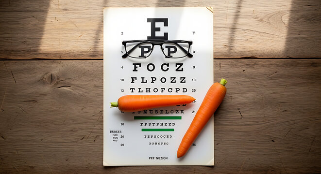 Optimizing vision Eye chart, glasses, and carrots symbolizing good health and clarity for improved eyesight