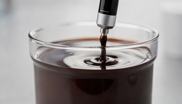 Closeup medium shot of a lowviscosity ink sample flowing slowly in a cup as the digital viscometer captures precise flow rate data highlighting smooth liquid texture.