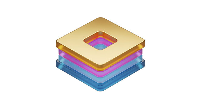 Layered abstract geometric shapes in isometric view, a golden square on top of colorful stacked rectangles representing data blocks or digital architecture, clean design