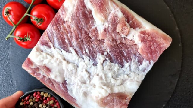 Raw fresh bacon slices with layers of meat or prosciutto prepared for frying. Raw bacon as a food background for your design