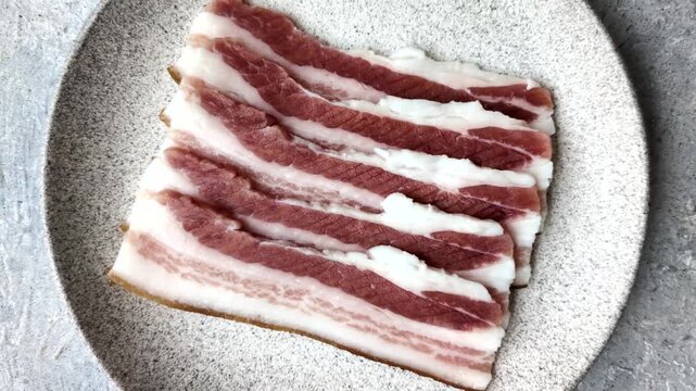 Raw fresh bacon slices with layers of meat or prosciutto prepared for frying. Raw bacon as a food background for your design