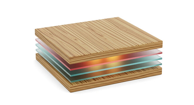 Layered material sample with wood grain texture and colorful translucent sheets, showcasing material science or composite construction