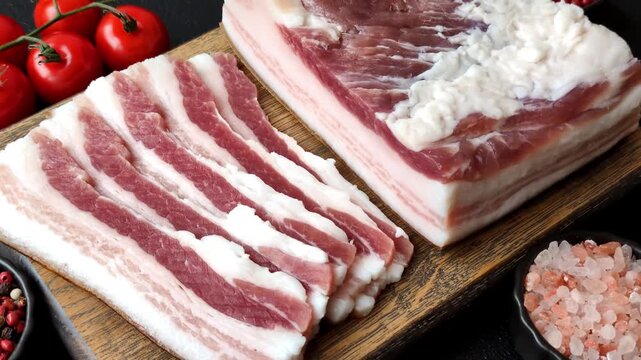 Raw fresh bacon slices with layers of meat or prosciutto prepared for frying. Raw bacon as a food background for your design