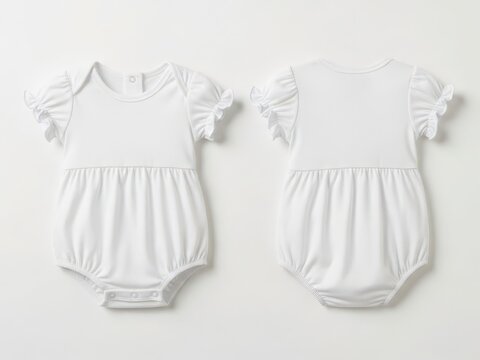 Two adorable white baby rompers with ruffled sleeves and elastic waistbands
