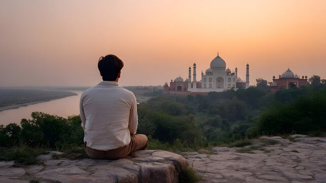 A person sits contemplating a grand historical architectural complex viewed at sunset over a lush river landscape