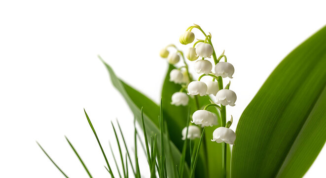 Lily of the valley flowers and green leaves with dew drops, delicate white blossoms on white background, spring floral element