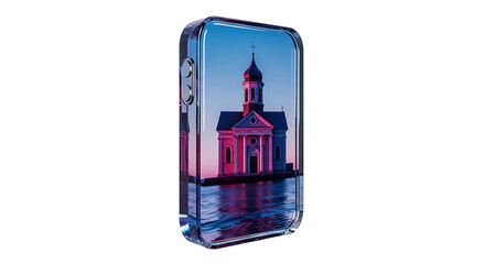 Obraz premium Isolated pixelated smartphone displaying a sunset over a classical building reflected in water, digital art.
