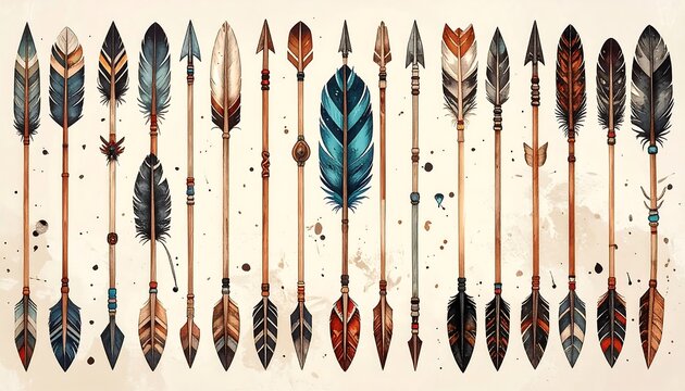 An array of unique handcrafted arrows, featuring intricate feather fletchings and varied arrowhead designs