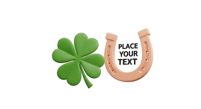 Lucky clover and horseshoe with space for text, symbols of good fortune and success, isolated on white