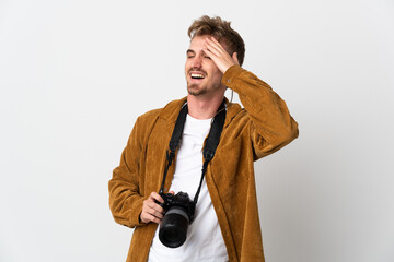 Naklejka premium Young photographer blonde man isolated on white background has realized something and intending the solution