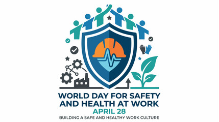 Obraz premium World Day for Safety and Health at Work logo with a shield and people icons