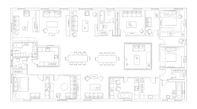 Architectural floor plan of a modern apartment building with multiple rooms