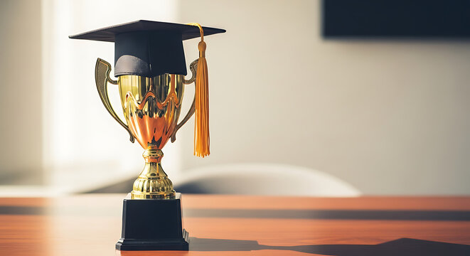 Shining golden trophy with a graduation cap, celebrating educational achievement and a bright future journey