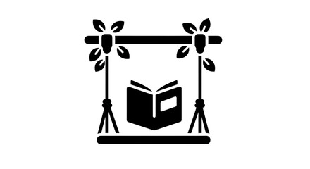 Fototapeta premium A minimalist black logo featuring an open book surrounded by decorative elements on a white background