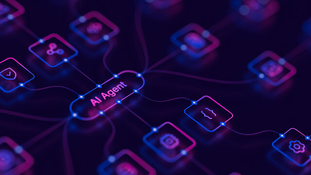 AI workflow automation artificial intelligence agent software interface nodes triggers data tool dashboard coding icon flow process database technology 3d rendering.