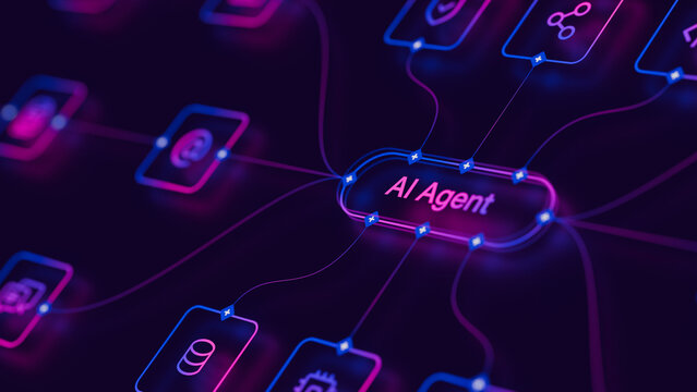 AI workflow automation artificial intelligence agent software interface nodes triggers data tool dashboard coding icon flow process database technology 3d rendering.