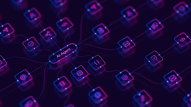 AI workflow automation artificial intelligence agent software interface nodes triggers data tool dashboard coding icon flow process database technology 3d rendering.