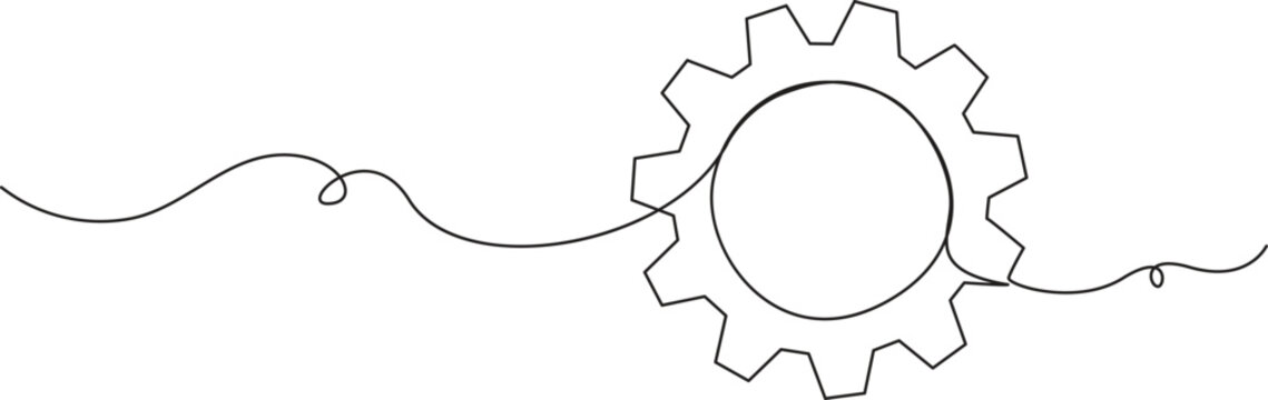 Simple continuous one line drawing of three interlocking gears or cogs. Minimalist technology, process, and engineering vector illustration. Illustration of three interlocking mechanical gears of diff