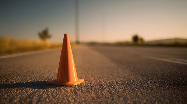 Solitary orange cone bathed in golden sunset light on an endless highway road vista