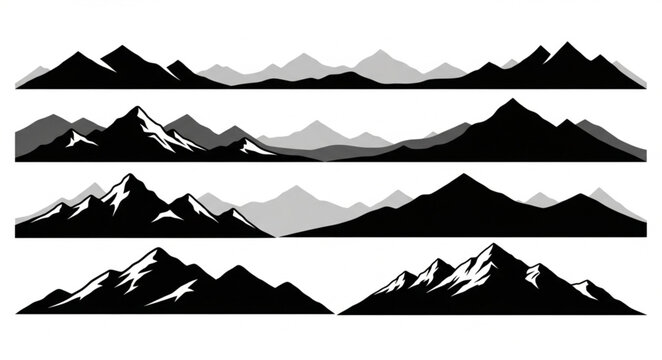 Collection of Mountain Range Silhouettes in Black and White.