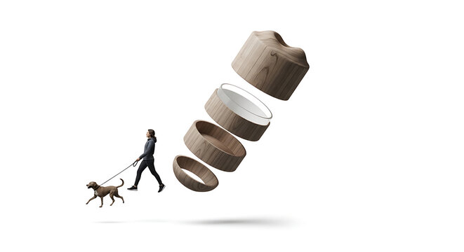Man walking dog alongside abstract, deconstructed layered object, conceptual, isolated on white