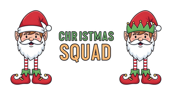 Pixel art christmas squad with santa and elf characters, festive holiday greeting, merry xmas typography