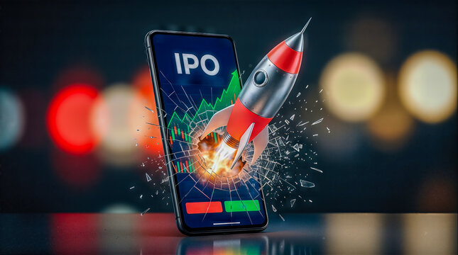 Smartphone displaying IPO text with a rocket launching from the screen, surrounded by explosive effects and colorful bokeh lights in the background