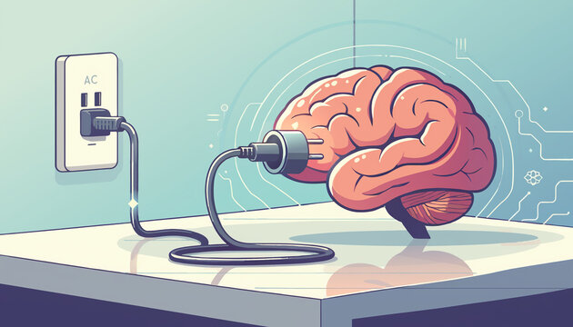 A human brain plugged into a wall outlet, symbolizing mental energy, artificial intelligence, or brain power and technological connection.