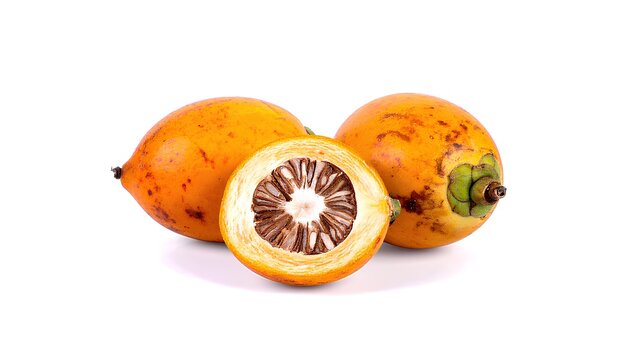 Fresh ripe areca nuts with a cross-section showing the inner seed.