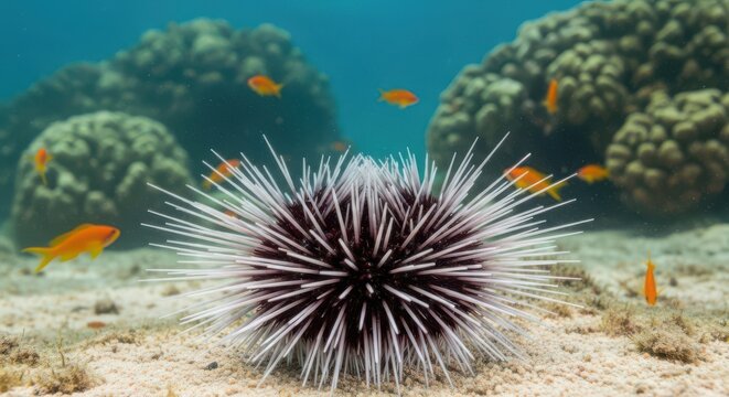 A black sea urchin underwater on the sandy floor of the ocean