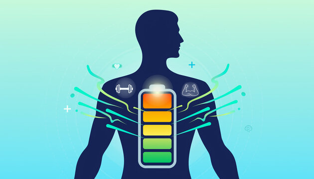 Human body silhouette with a fully charged battery icon representing energy, vitality, and health.