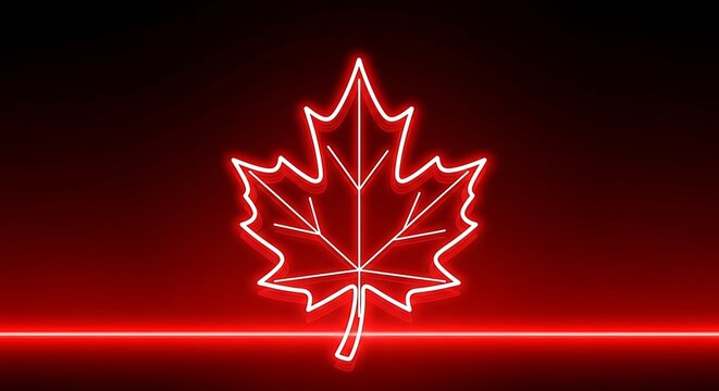 Neon red maple leaf on a gradient dark background with a glowing line
