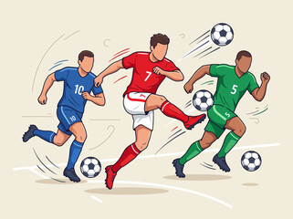 Fototapeta premium Flat vector illustration of soccer players in action on a stadium field