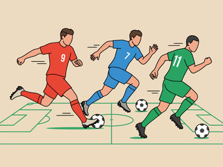 Fototapeta premium Flat vector illustration of soccer players in action on a stadium field