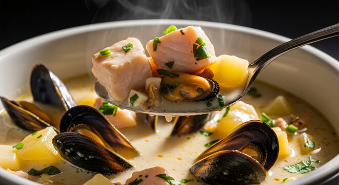 Spoonful of creamy seafood chowder with fish, mussels, and potatoes above a steaming bowl