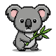 Fototapeta premium Cute pixel art koala holding a eucalyptus branch in its paws, isolated white background