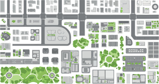 Modern city map creator kit, urban landscape elements for architectural planning, flat vector top view of buildings and green parks