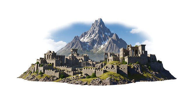 Medieval stone castle ruins on a rocky hill below a snow-capped mountain peak, fantasy landscape, ancient fortress with crumbling walls