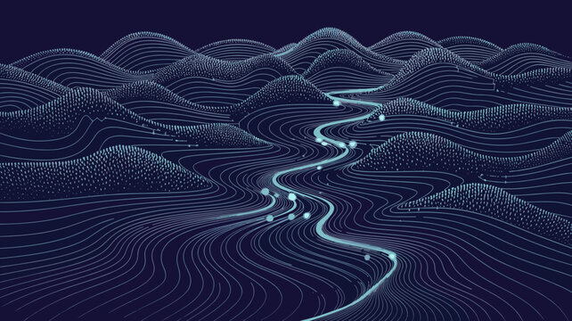 Luminous data flow landscape on dark background &ndash; Ideal for intelligent navigation themes, data analysis, or future tech concepts.