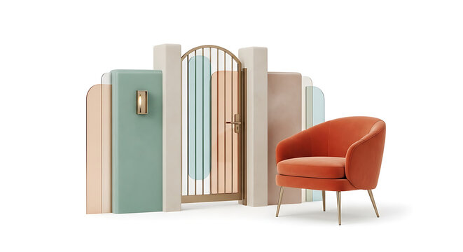 Modern armchair in a pastel color scheme, featuring a golden gate and geometric shapes, interior design concept