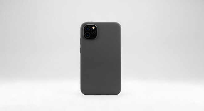 Modern smartphone with multiple camera lenses on back, minimalist design, neutral background, technology concept