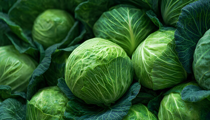 Obraz premium Close-up of freshly harvested green cabbages piled together. Crisp, leafy vegetables ready for cooking, pickling, or market display. Natural farming product.