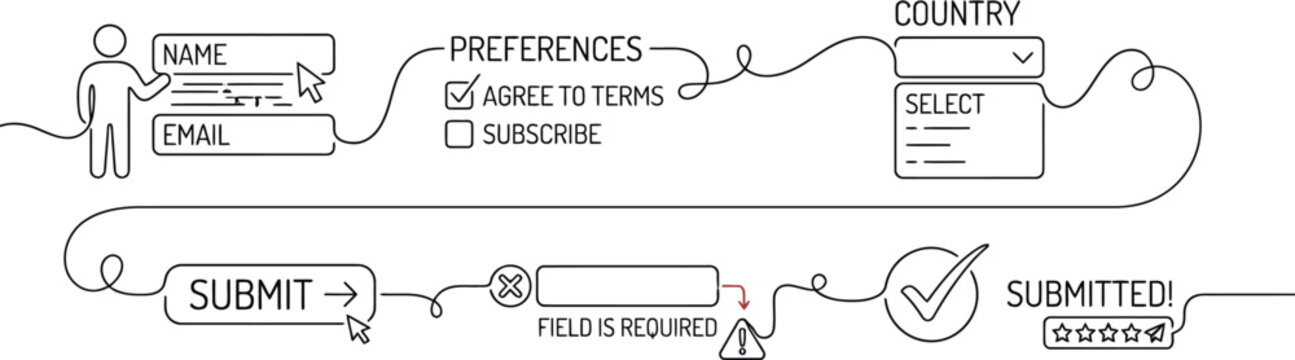 A simple infographic illustrating the process of filling out an online form and submitting it AI, eps, png, jpg. transparent background.