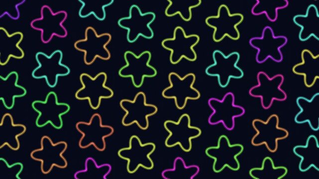 Bright multicolor neon star outlines glow and pulse on a dark background, creating a playful seamless pattern for party visuals, retro designs, kids content, and VJ screens
