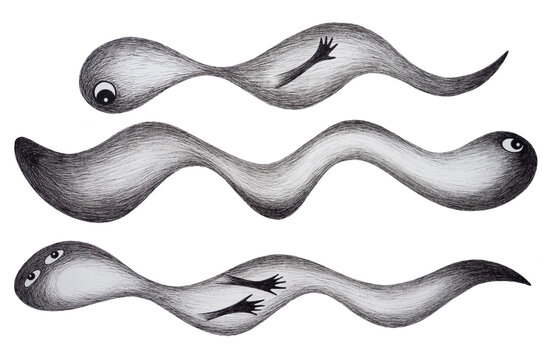 abstract spirit soul monster ghost spiritual life spirituality mind infinite transmigration samsara endless cycle death rebirth art design illustration black white drawing surreal cartoon character