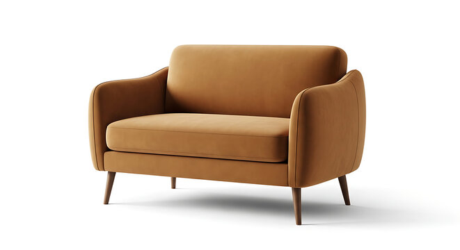 Modern upholstered two-seater sofa in warm caramel color on a white background, contemporary furniture design, cozy seating for living room, studio shot