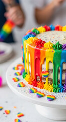 Fototapeta premium Close-up of a rainbow cake with dripping icing and heart candies on a white stand, representing celebration, diversity, and festive cheer